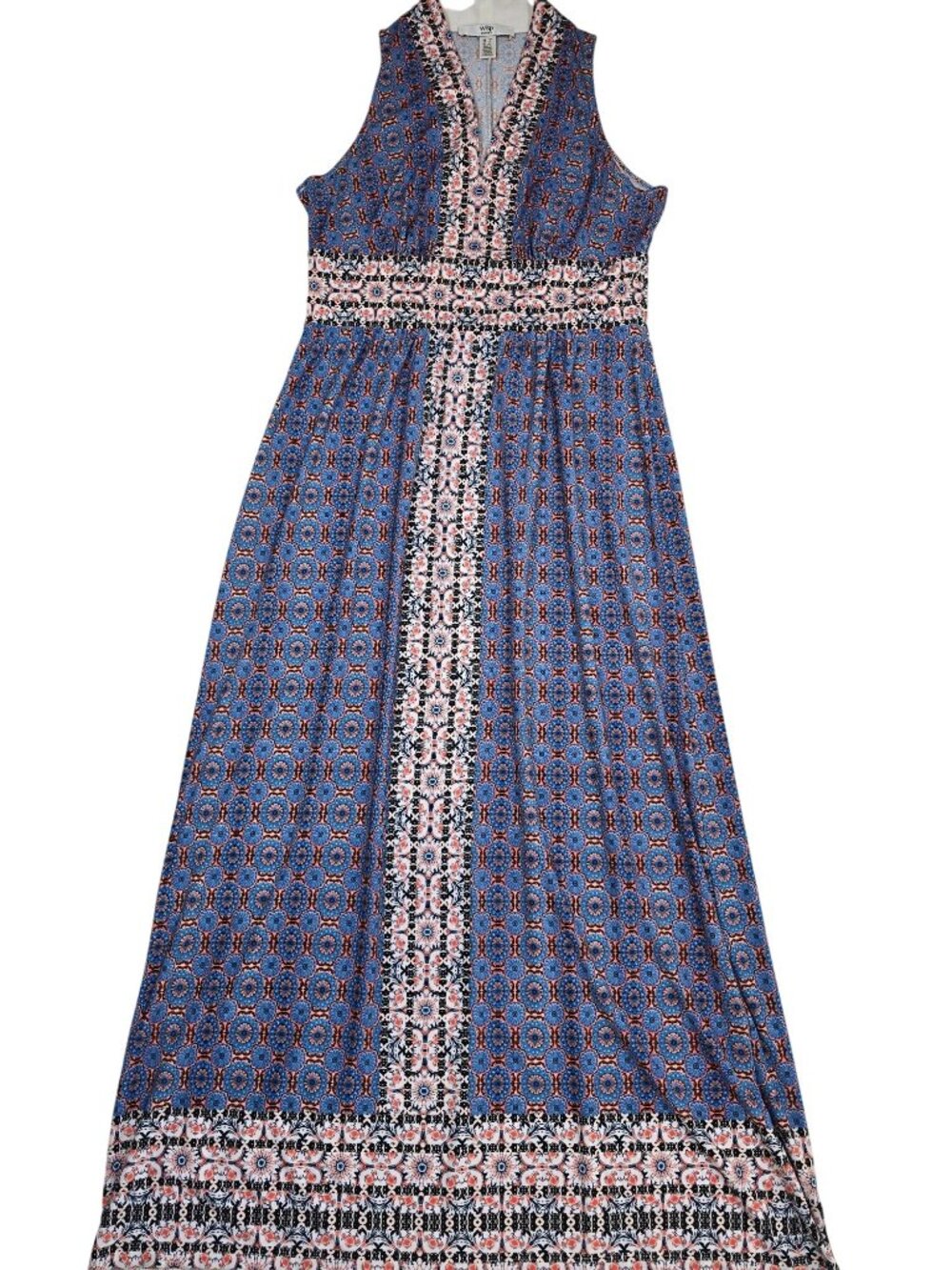 Wisp Petites Sleeveless Maxi Dress Size 12P Blue Orange Geometric Print Boho